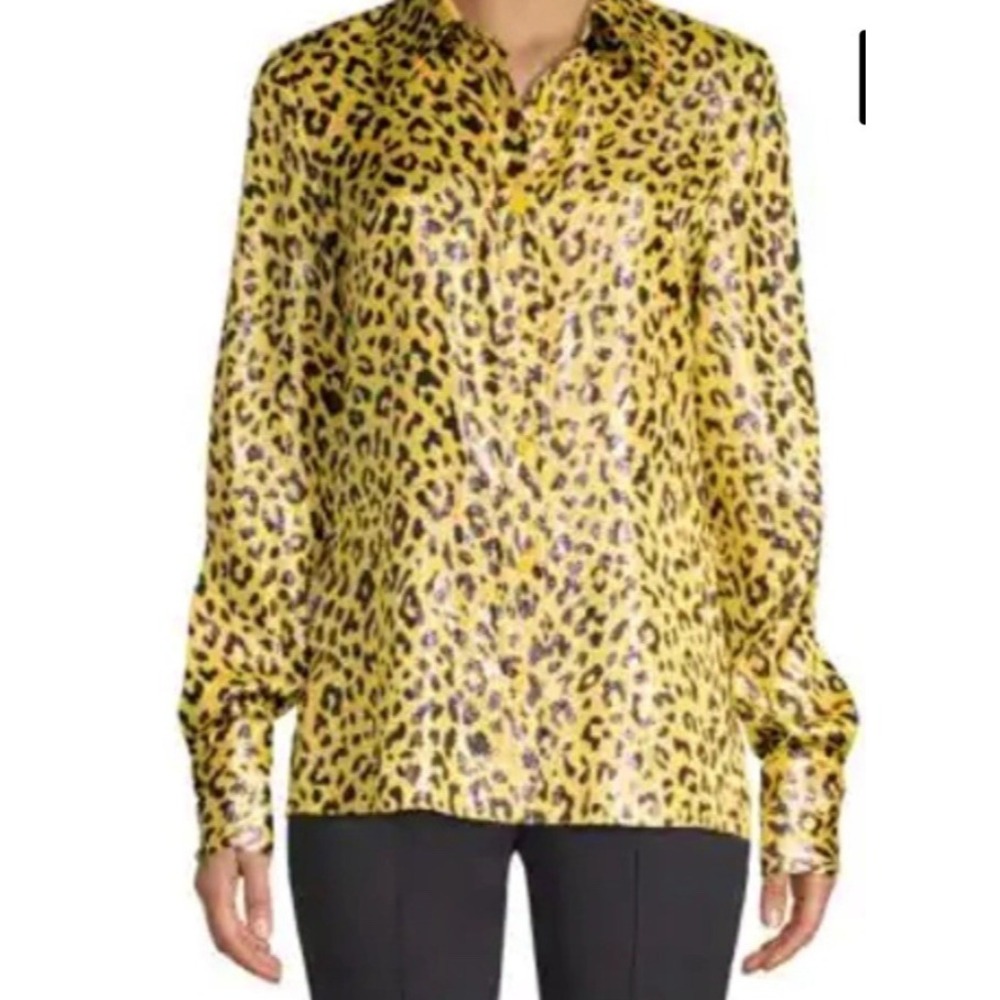 New DIANA VON FURSTENBERG METALIC HEYFORD yellow LEOPARD SILK Blouse SILK 12